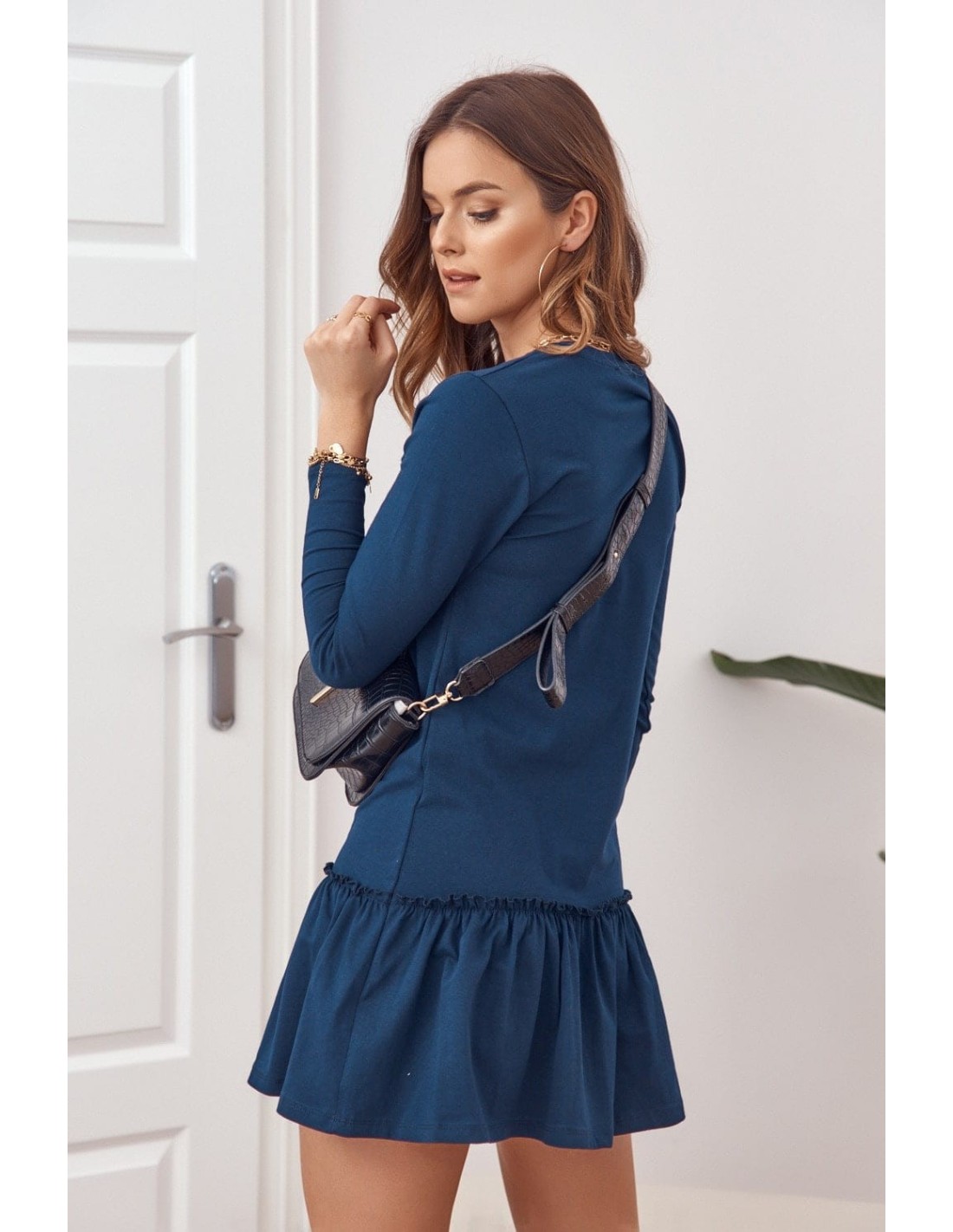 Dress with ruffles and long sleeves, navy blue FK555 - Online store - Boutique